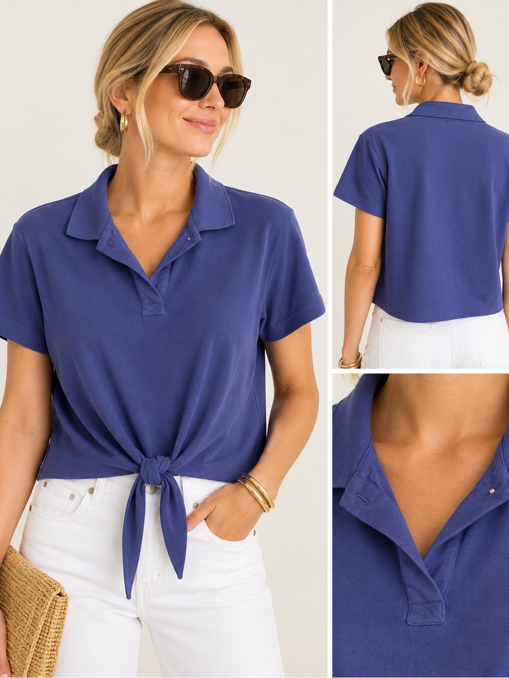 Tuckernuck Blue Short Sleeve Tie-Front Crop Polo Shirt – Size Medium (EUC)